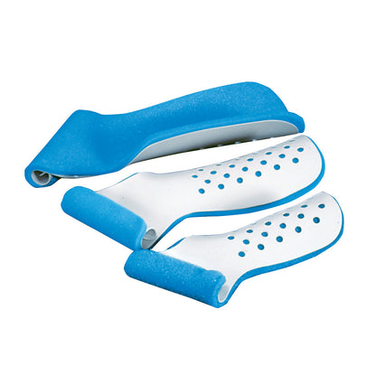 Three Aluminum Colles Splints with blue padding and perforated white body for wrist support and immobilization.