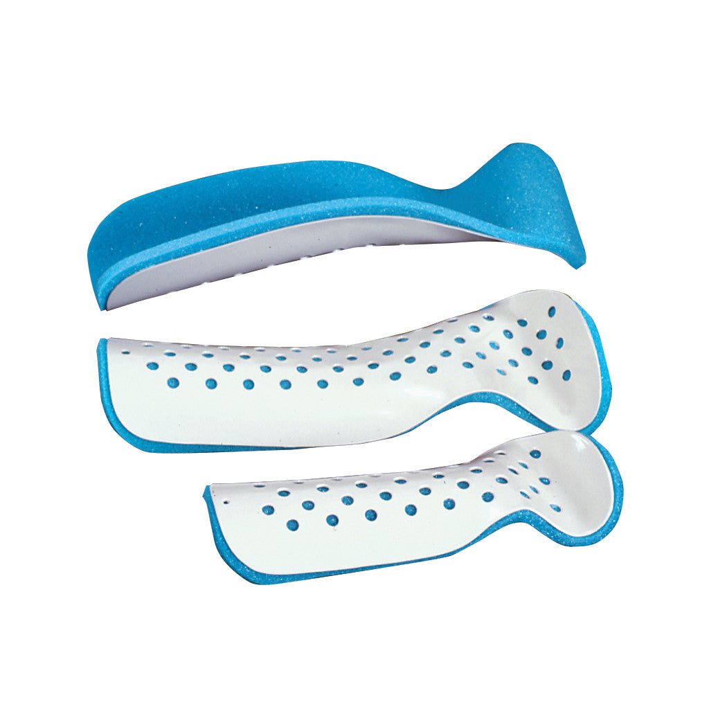 Aluminum Forearm Splint with a blue foam lining and perforated white surface, designed for support and immobilization.