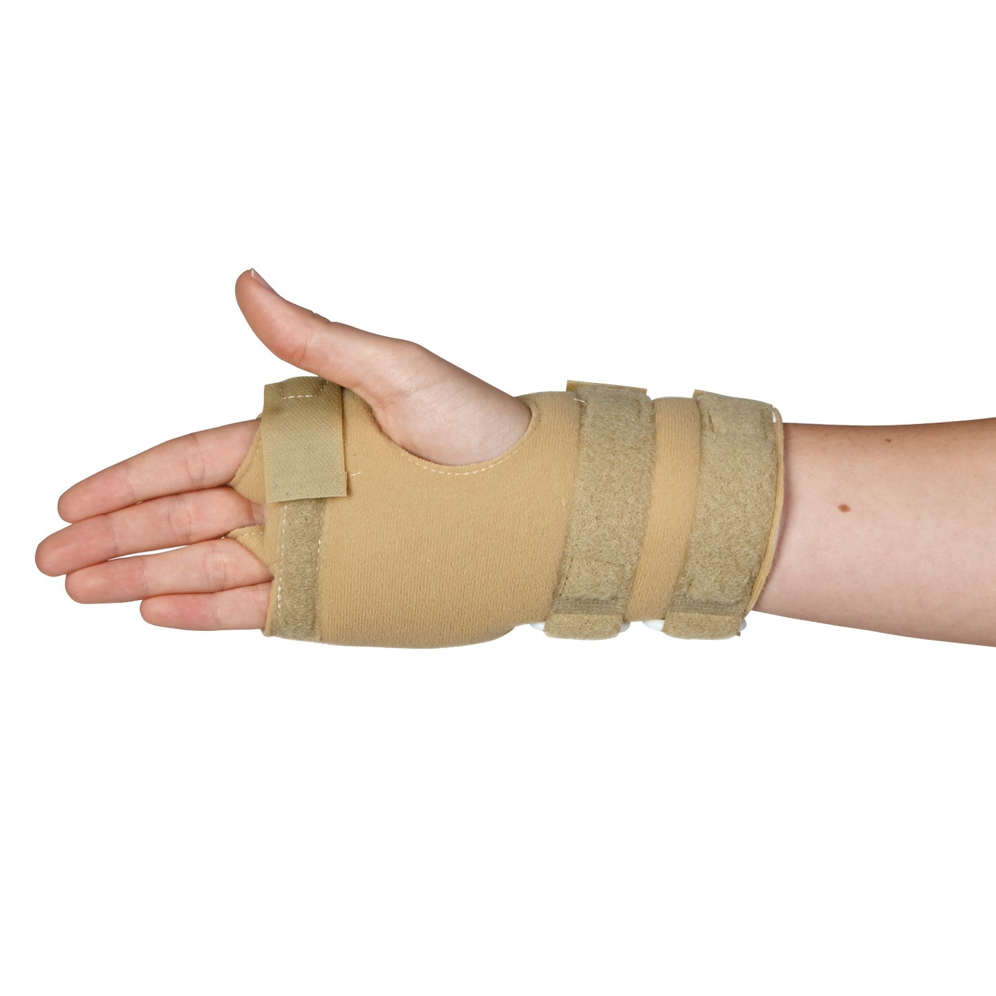 A hand wearing the AliMed FREEDOM Arthritis Support, a beige wrist brace with straps for stability and comfort.
