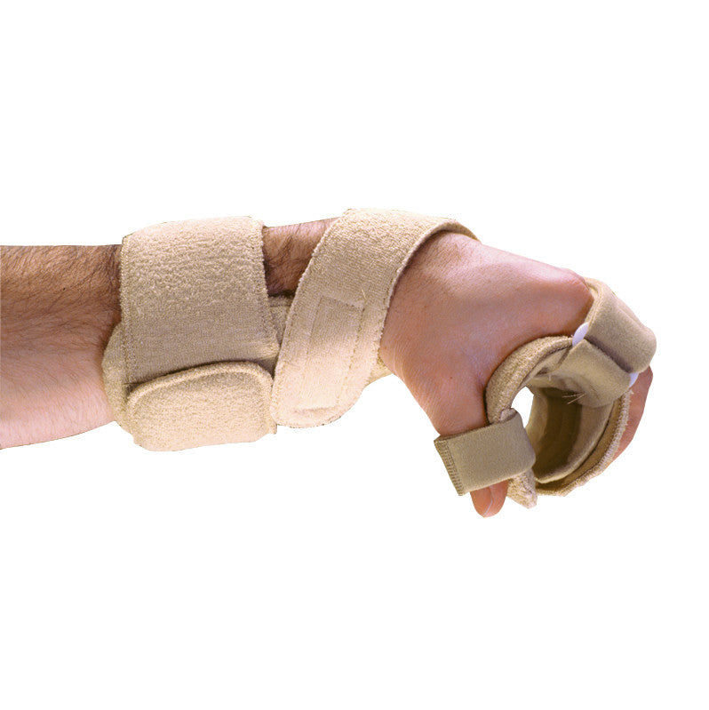 A person's hand wearing the AliMed Omni Progressive WHT Orthosis, a beige supportive brace with adjustable straps for wrist and thumb support.