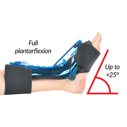 An AliMed D2 PF Night Splint on a foot, illustrating full plantarflexion up to +25 degrees.
