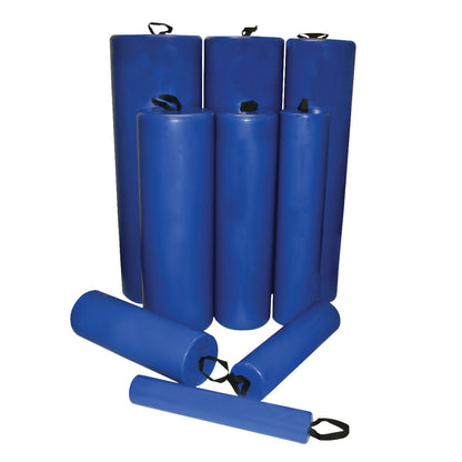 A set of blue Skillbuilders Rolls in various sizes, with black handles, displayed upright and laying down.