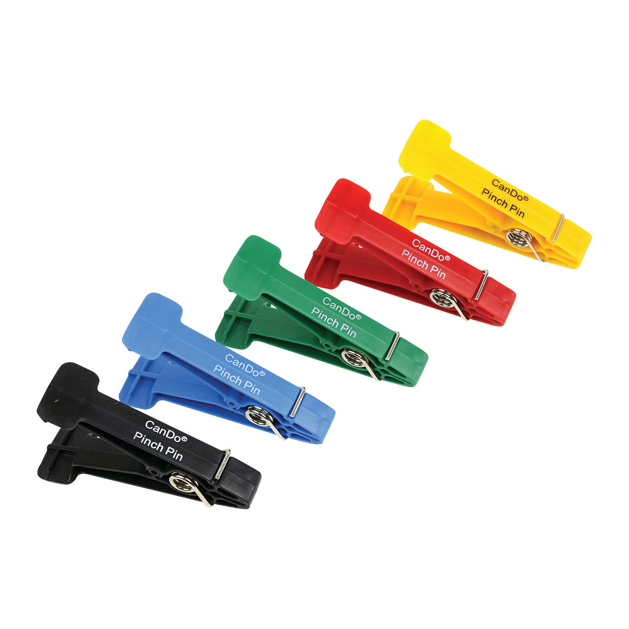 Five colorful "Replacement Pins for Finger Pinch Exerciser" are displayed in black, blue, green, red, and yellow.