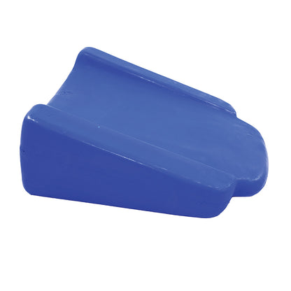 A blue Skillbuilders Bi-Height Wedge designed for posture support and alignment, featuring a sloped surface for therapy use.