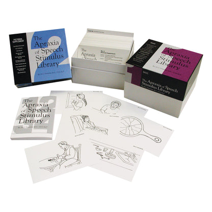 "The Apraxia of Speech Stimulus Library," including card boxes and illustrated cards for speech therapy exercises.