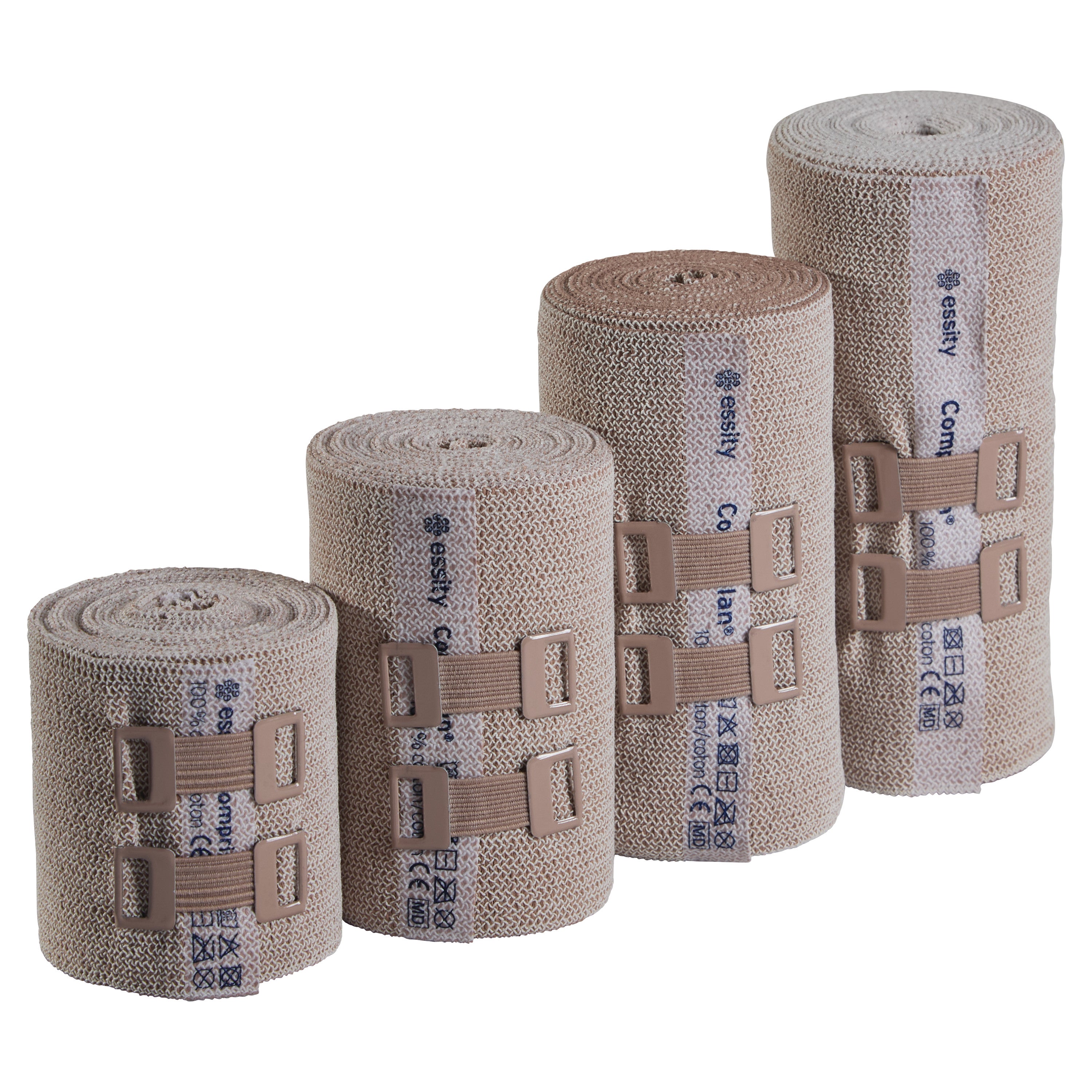 Four rolls of BSN Comprilan Bandage in varying sizes are shown upright. Each bandage has metal fasteners attached.