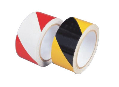 Two rolls of Heavy-Duty Vinyl Caution Tape; one red and white, the other yellow and black, placed side by side.