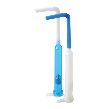 Two SafeStraw devices, one blue and one white, stand upright. They have bent tops and cylindrical bodies with a base for support.