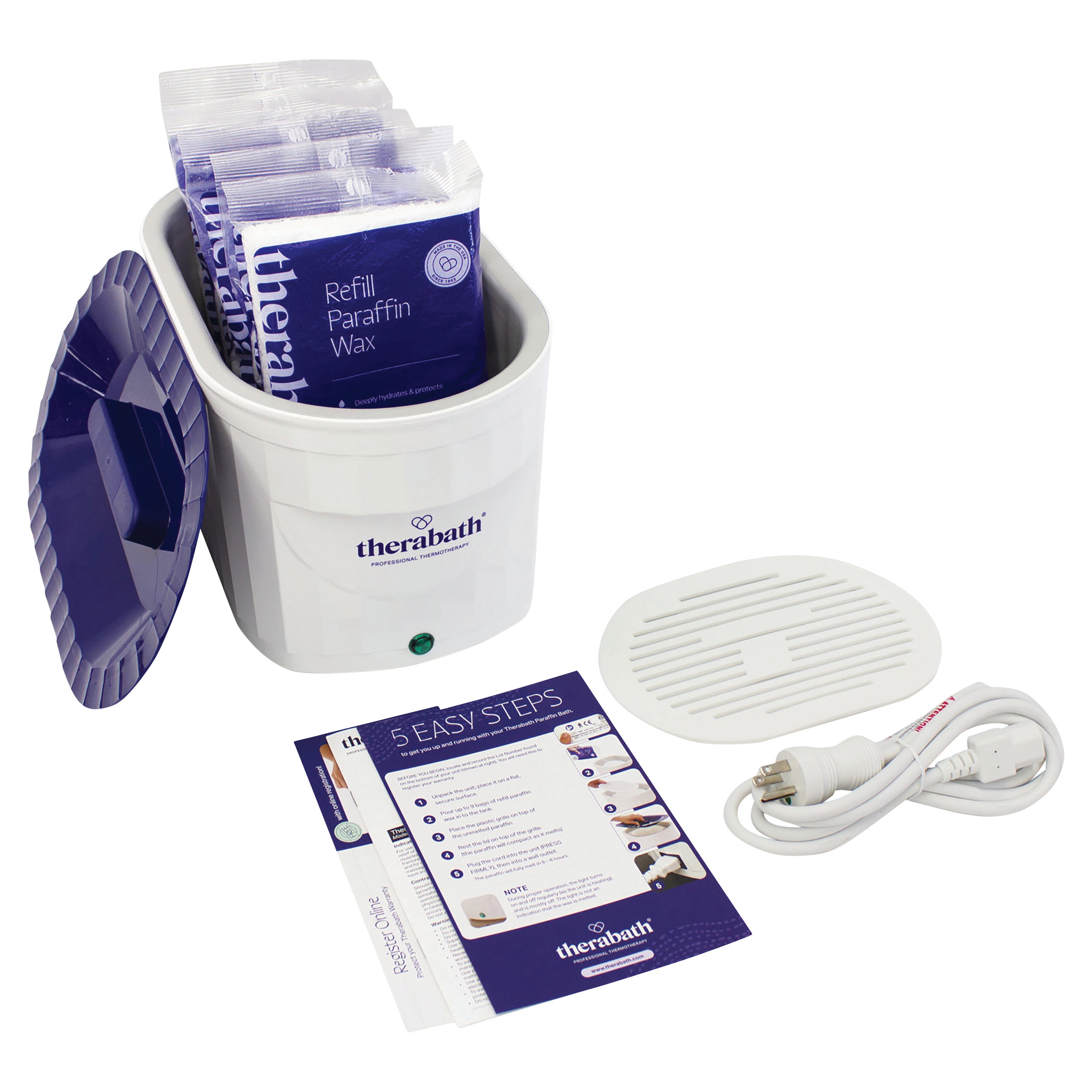 Therabath Professional Thermotherapy Paraffin Bath with open lid, paraffin wax packs, instructions, power cord, and grill.