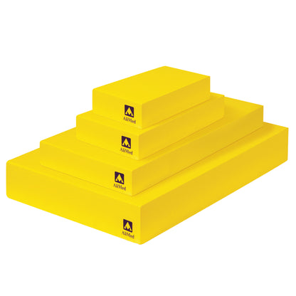 Four stacked yellow AliMed Protecta-Coat Rectangle Positioners in different sizes, labeled with the AliMed logo.