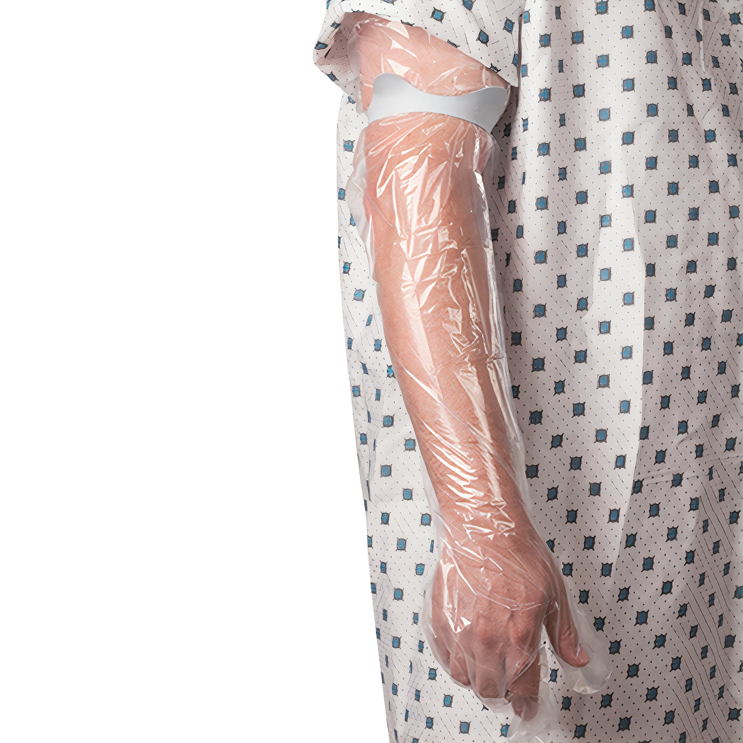 A person's arm wrapped in the Brownmed SEAL-TIGHT Seal Band, a clear waterproof cover, is shown next to a patterned hospital gown.