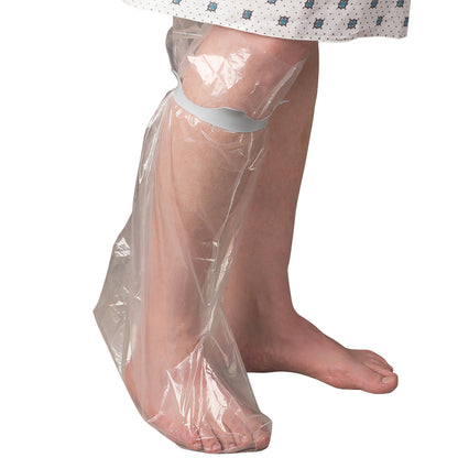 A person wears a Brownmed SEAL-TIGHT Seal Band, a clear plastic cover for leg protection, secured above the knee.