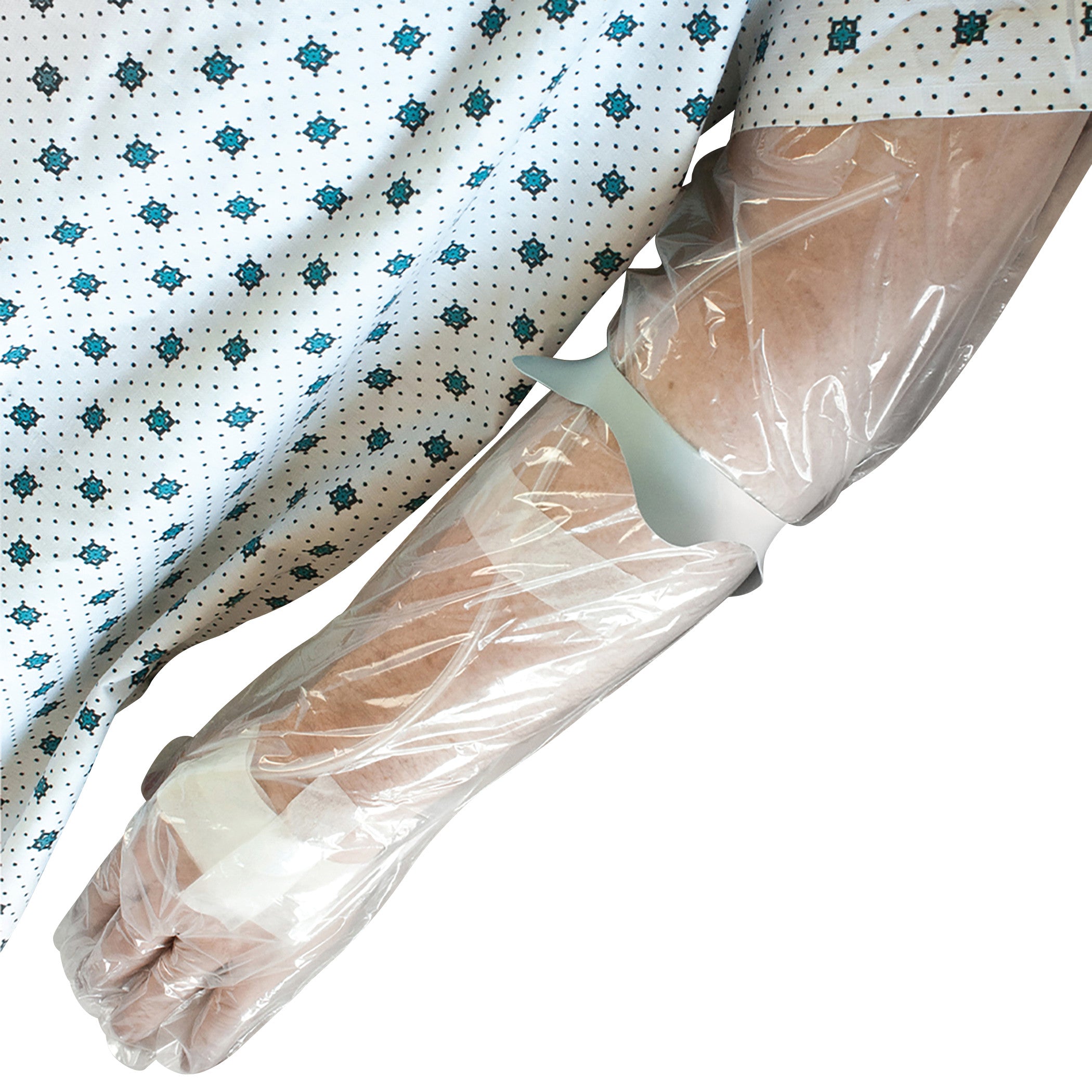 A person wears a Brownmed SEAL-TIGHT Seal Band on their forearm, covered with a clear plastic sleeve for protection.