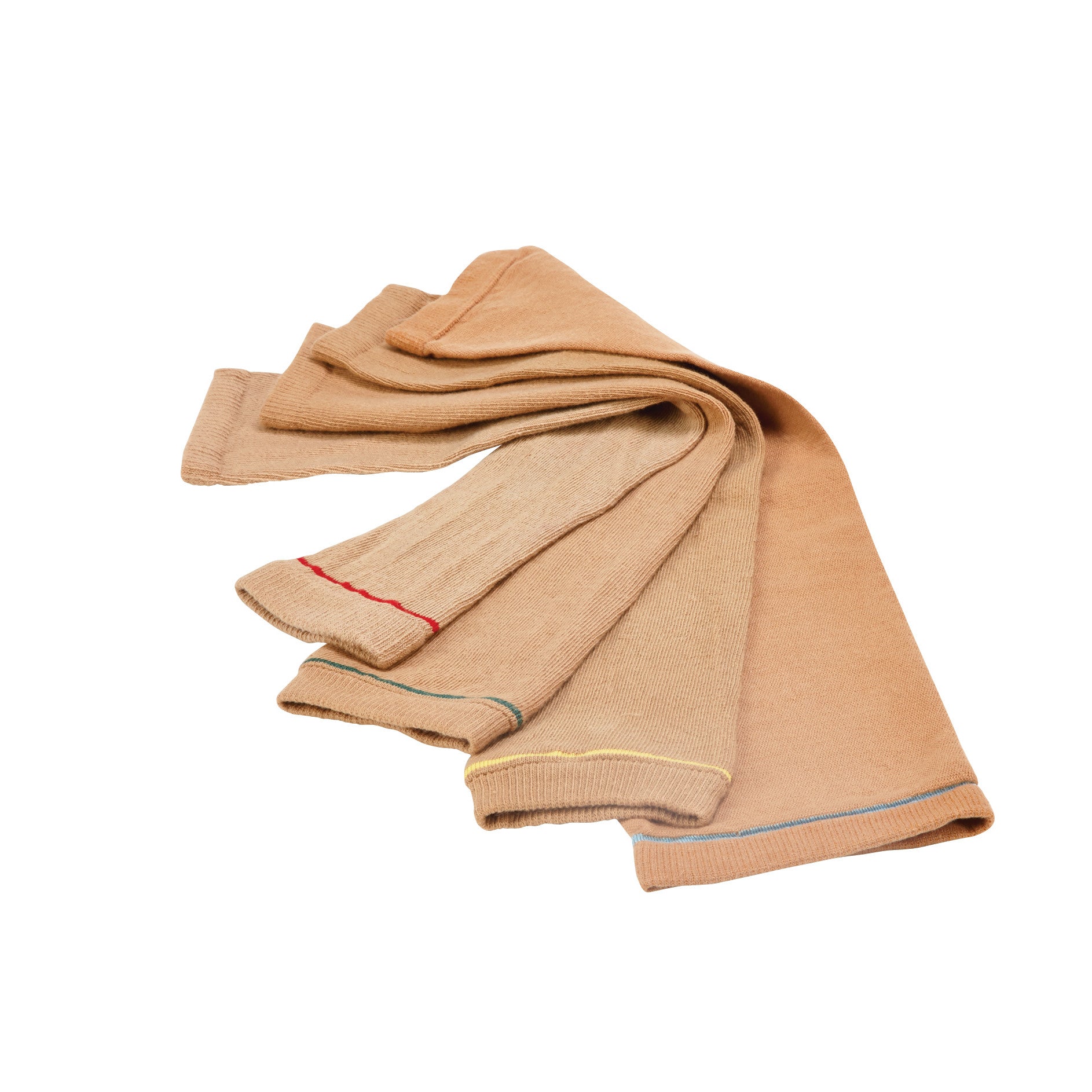 AliMed Arm or Leg Sleeves in beige, laid out flat. Each sleeve has a different colored seam at the end.