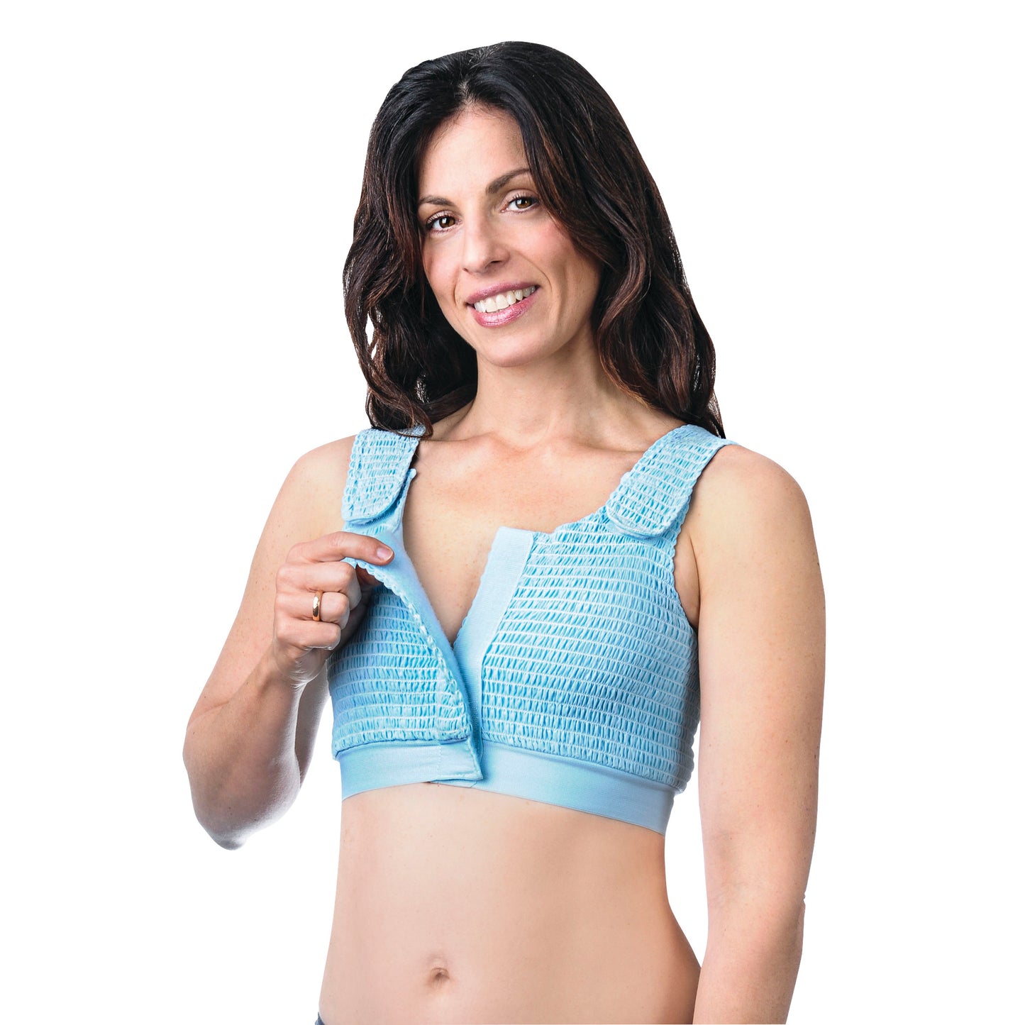 A woman wears the Expand-A-Band Compression Bra, featuring adjustable straps and a textured blue fabric.