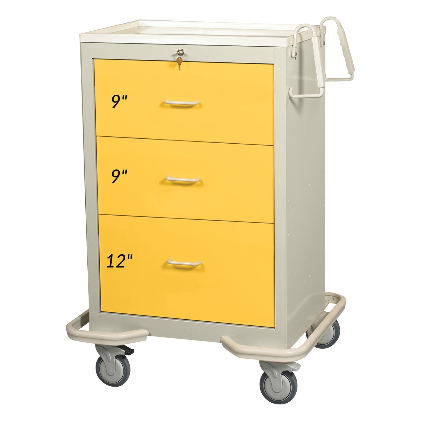 AliMed Standard Series 3-Drawer Isolation Cart with Key Lock has two 9-inch and one 12-inch yellow drawers, and wheels.