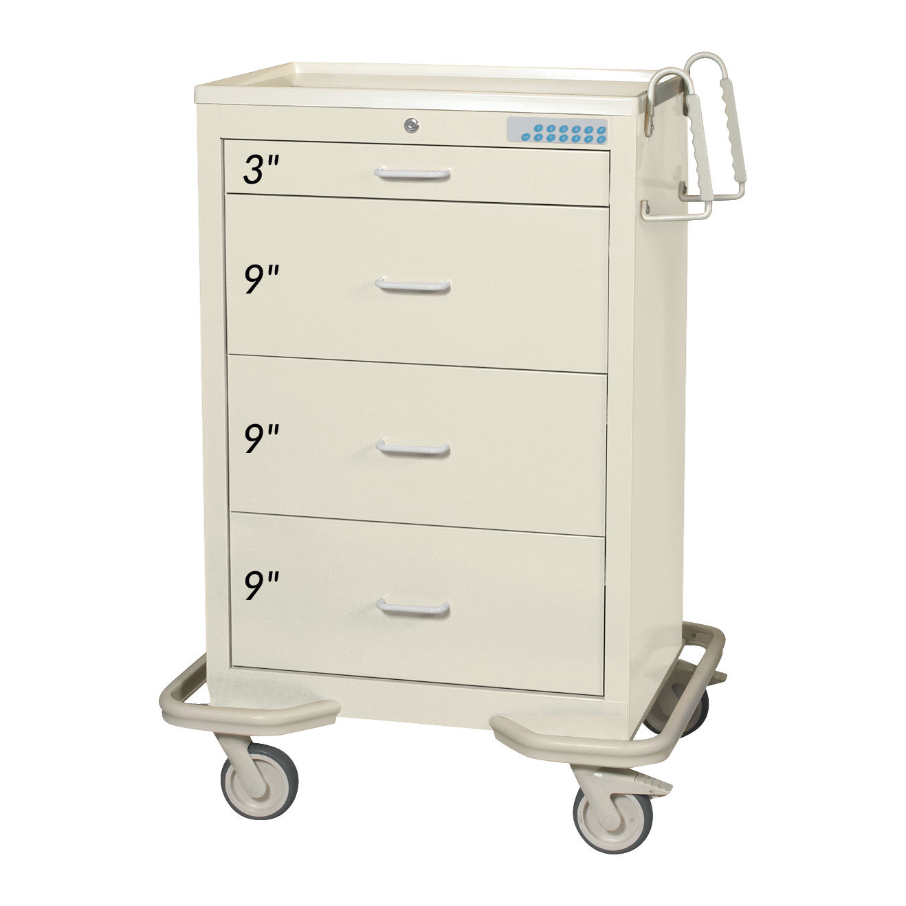 AliMed Standard Series 4-Drawer Isolation Cart with Electronic Lock. It has three large drawers, wheels, and a push handle.