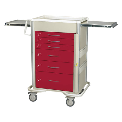 An AliMed Select Series 6-Drawer Emergency Cart with 30' drawer space. It has red drawers and side pull-out trays.