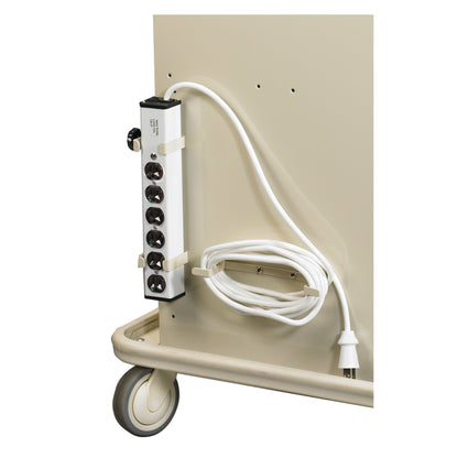 A medical cart with an AliMed Cart Accessory: Six-Outlet Strip for Select/Standard/Wide Series, featuring a coiled white cord.