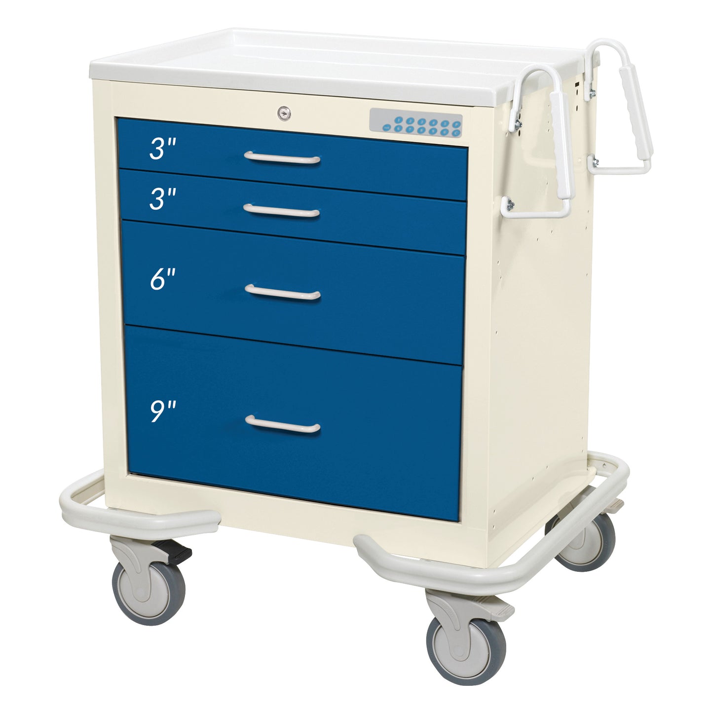 The image is of the AliMed Standard Series 4-Drawer Anesthesia/Procedure Cart with Electronic Lock, featuring three blue dra.