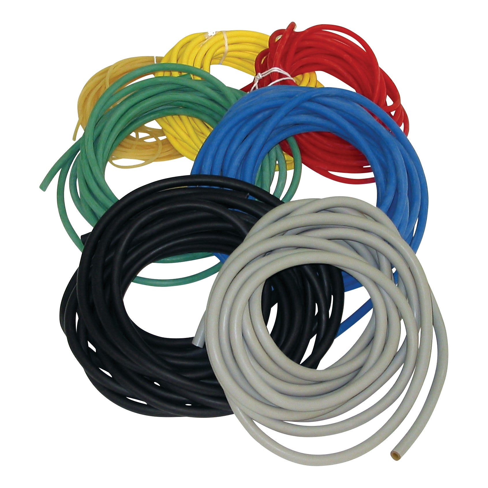 Coiled CanDo Exercise Tubing in red, blue, green, yellow, black, and grey, displayed against a white background.
