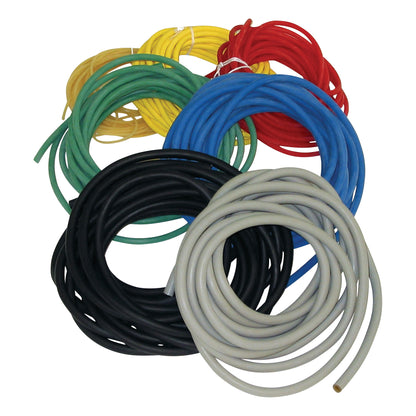 Coiled CanDo Exercise Tubing in red, blue, green, yellow, black, and grey, displayed against a white background.