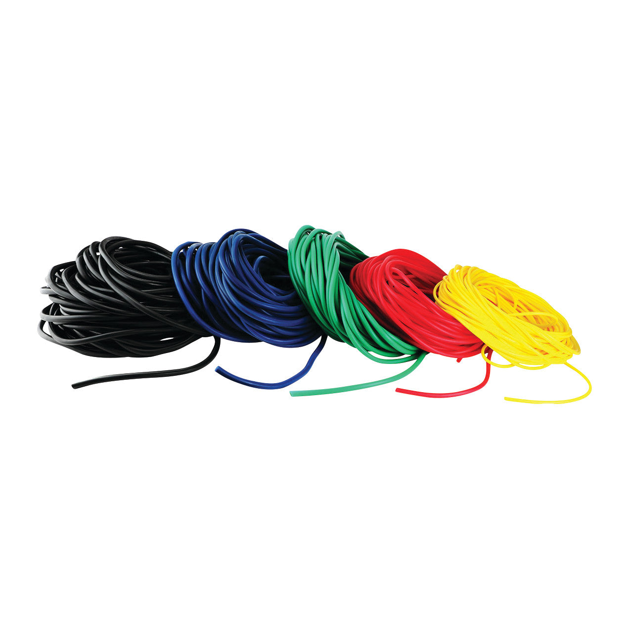 Five rolls of CanDo Exercise Tubing in black, blue, green, red, and yellow, coiled on a white background.