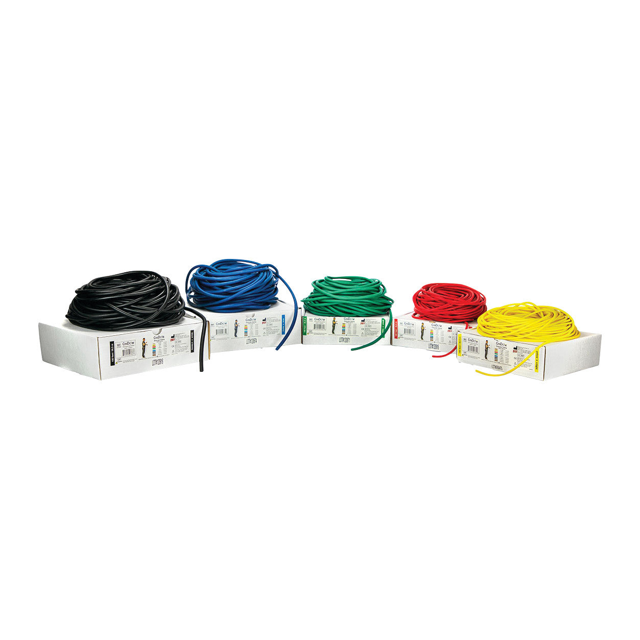 Boxes of CanDo Exercise Tubing in black, blue, green, red, and yellow, each with coiled tubing on top.