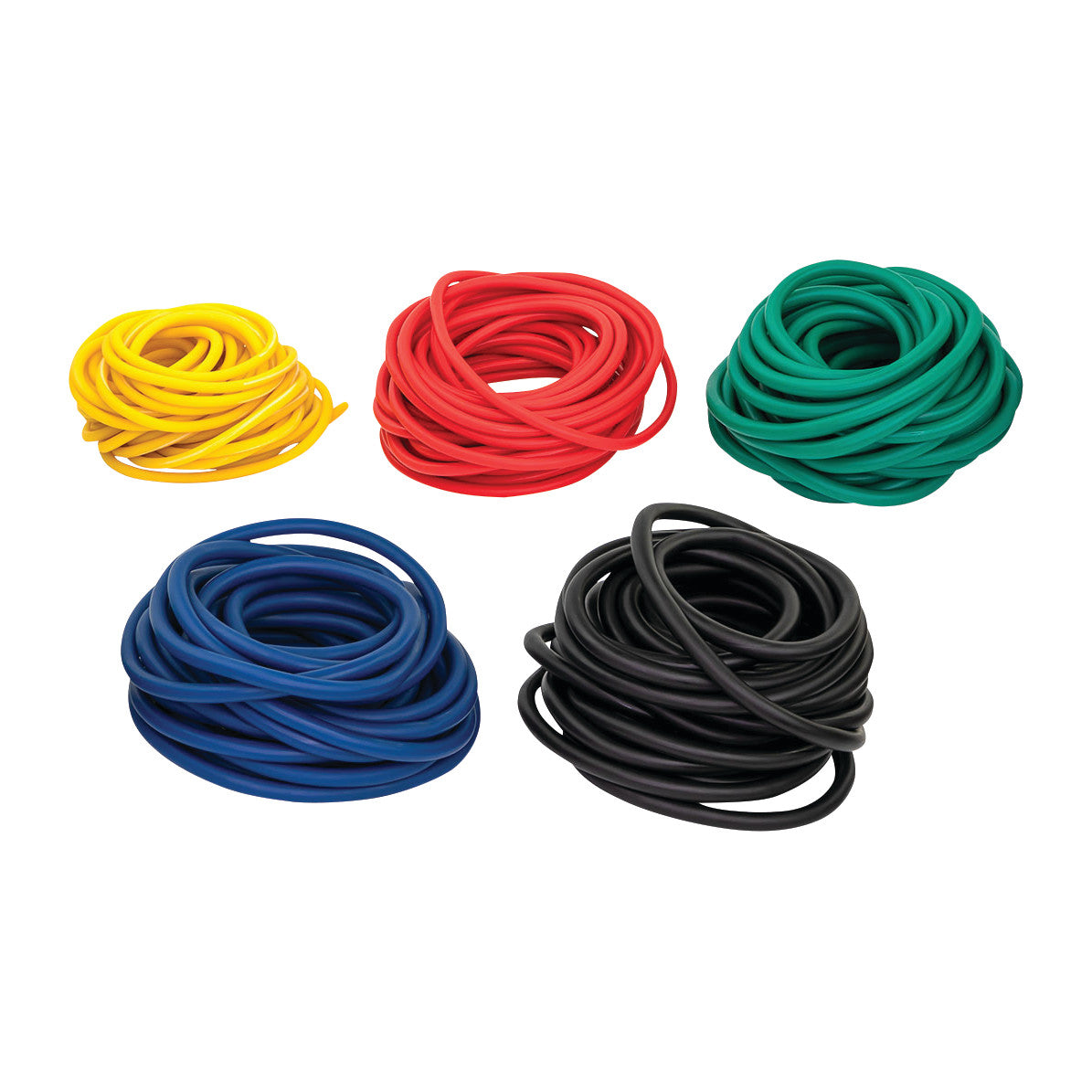 Five coils of CanDo Exercise Tubing are shown in yellow, red, green, blue, and black colors, arranged against a white background.