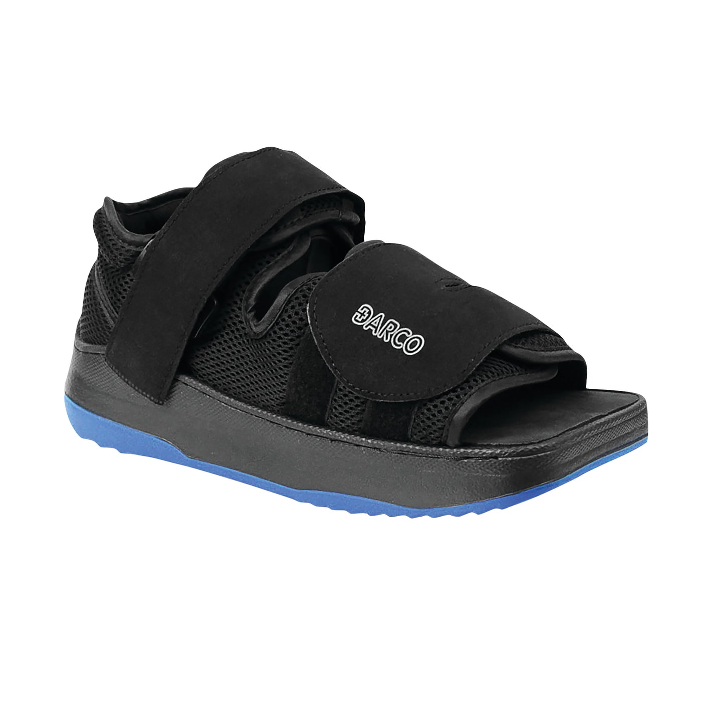 A DARCO MedSurg DUO shoe, featuring a black design with adjustable straps and a blue insole, used for medical purposes.