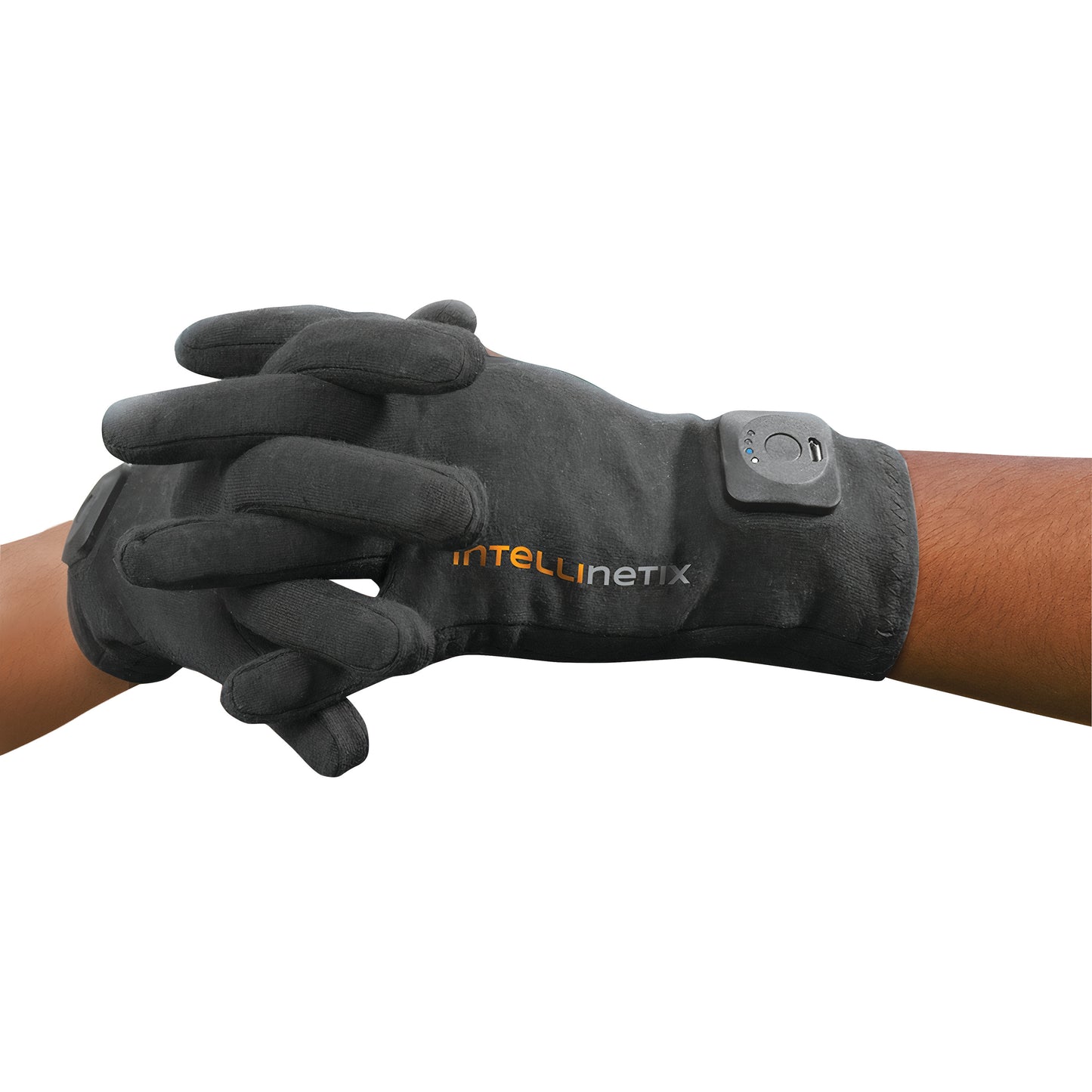 Two crossed hands wearing Intellinetix Therapy Gloves, featuring a small control unit on the back of the gloves.