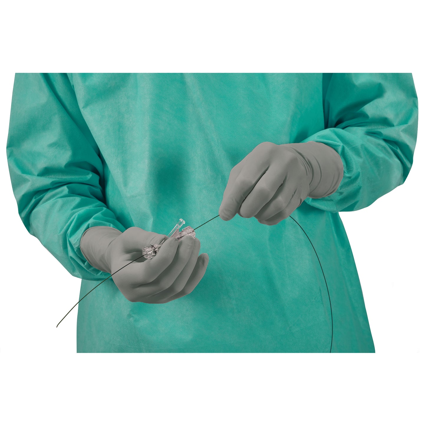 A person wearing a green surgical gown uses AliMed AliGuard Radiation Attenuation Gloves to handle a thin medical wire.