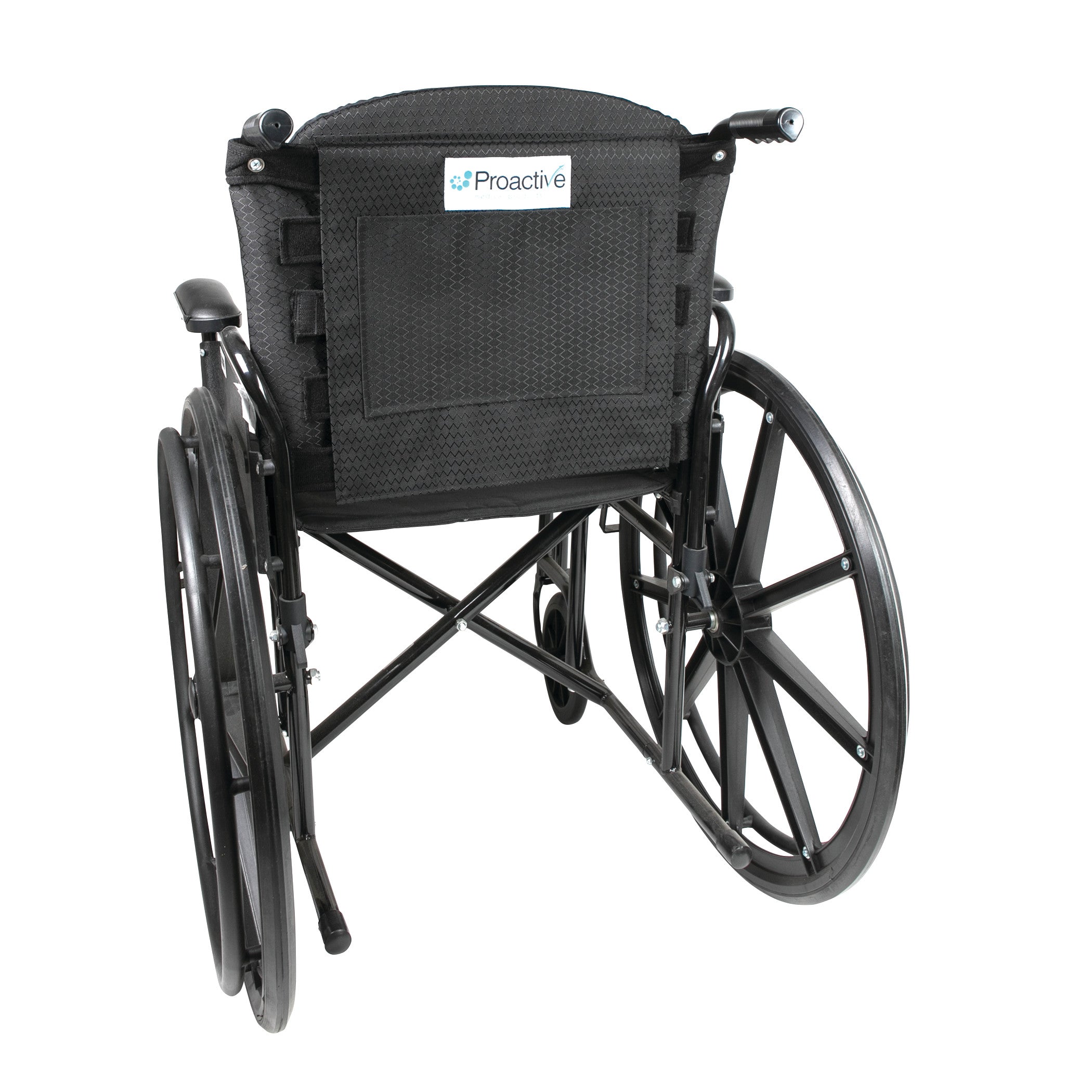 A Protekt Adjustable Tension Back wheelchair with black frame and seat, featuring large rear wheels and hand grips.