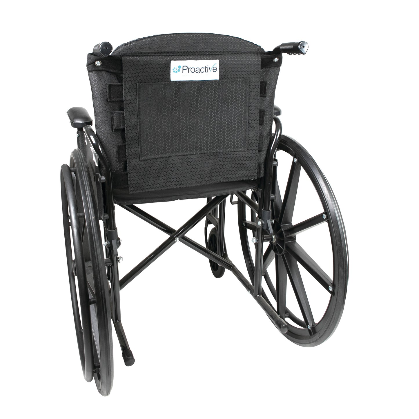 A Protekt Adjustable Tension Back wheelchair with black frame and seat, featuring large rear wheels and hand grips.