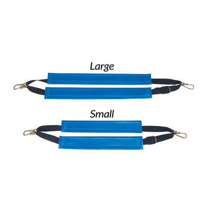 AliMed AliBlue Gel Ankle Stirrup Pads, featuring blue gel pads with black adjustable straps and metal clips on each end.