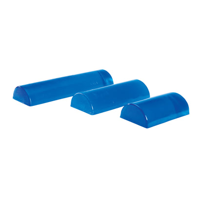 Three blue half-cylinder AliMed AliBlue Gel Dome Positioners of varying sizes on a white background.