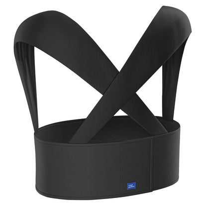 A black Femi Posture back brace with wide, crisscrossing straps and a broad waist belt, designed for support.