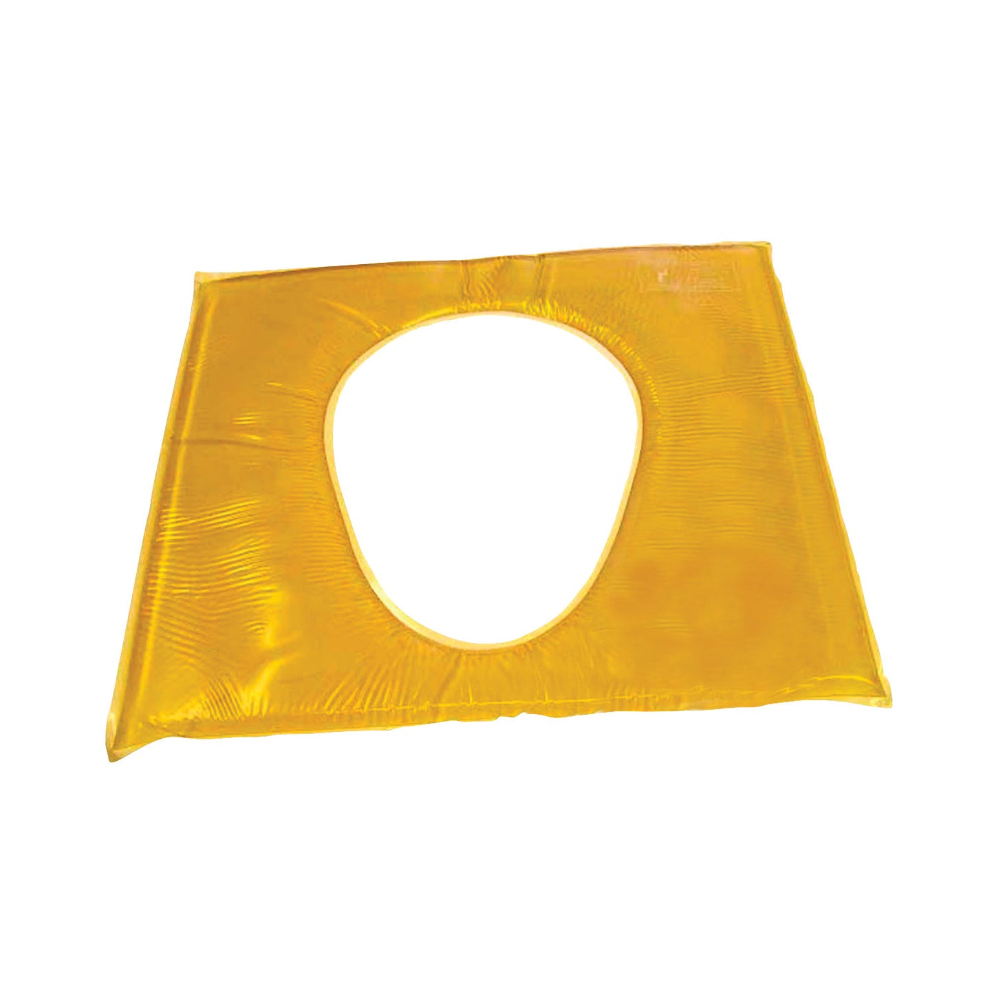An Action Gel Commode Seat Pad, square-shaped, translucent yellow, designed for added seating comfort.