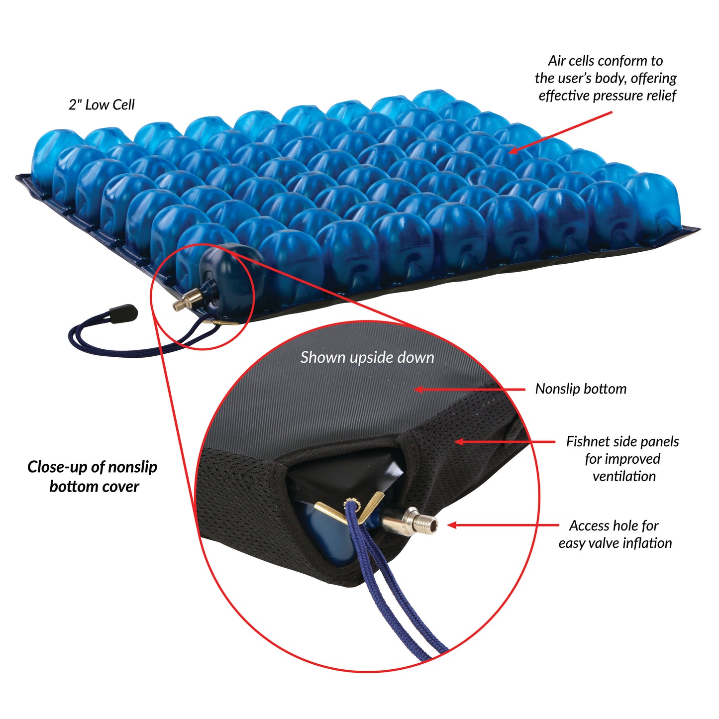 The AliMed AeroCell II Single-Valve Low Cell Pressure-Relieving Wheelchair Cushion features blue air cells and a nonslip bottom.