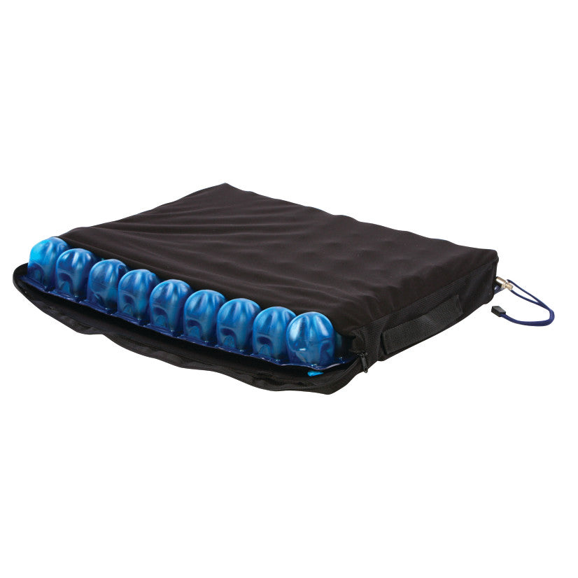 An AliMed AeroCell II Single-Valve Low Cell Pressure-Relieving Wheelchair Cushion with blue air cells and a black cover.
