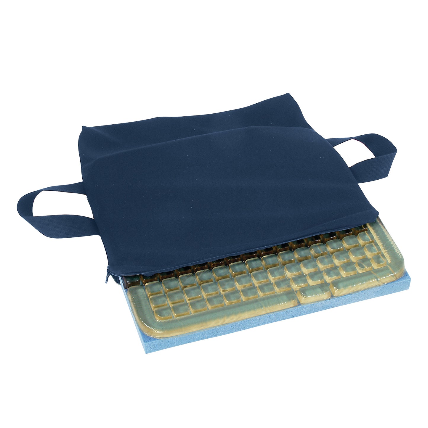 The AliMed Checkerboard T-Gel Plus Wheelchair Cushion features a gel layer on foam with a navy cover and carrying handles.