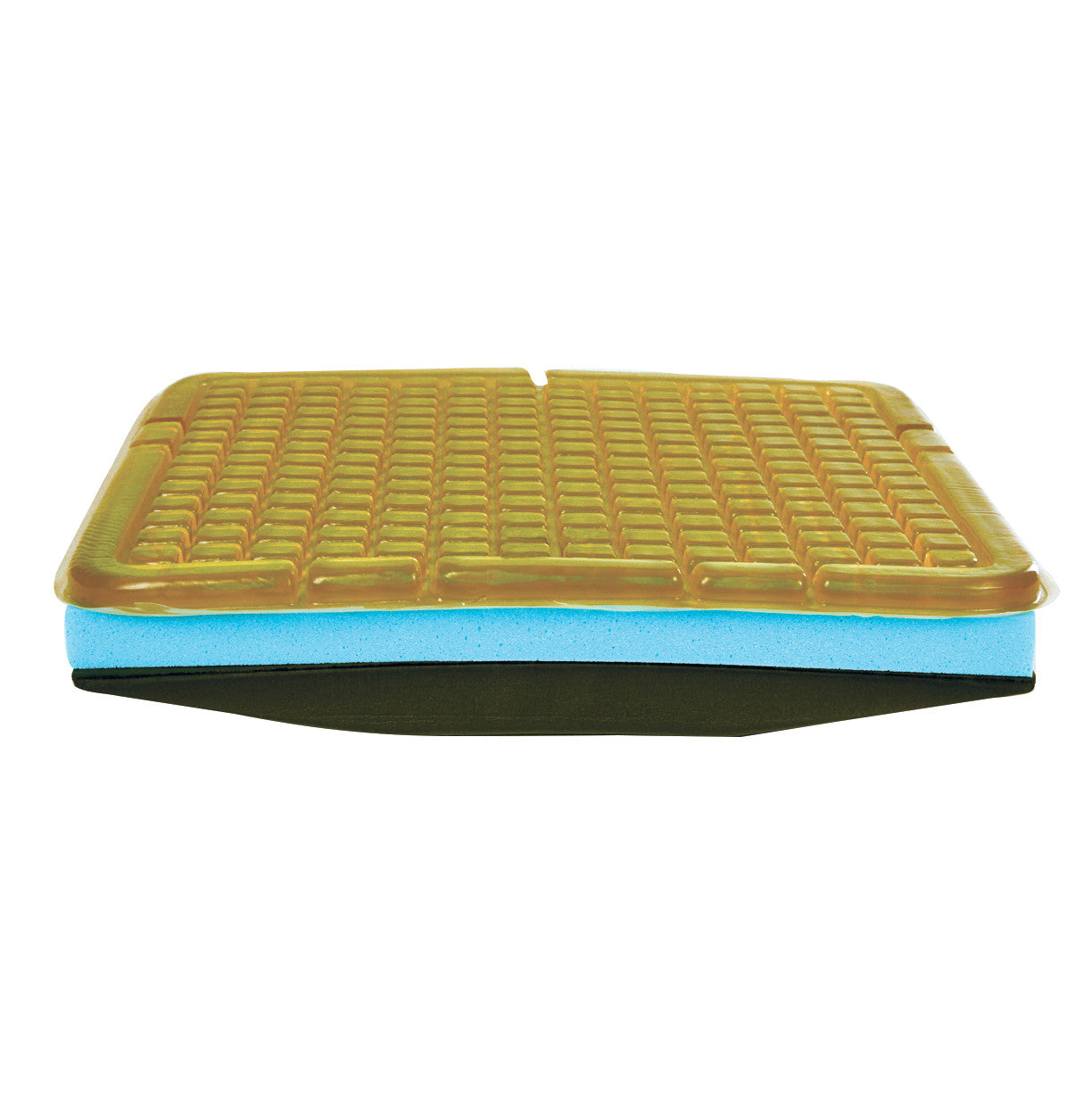 The AliMed Checkerboard T-Gel Plus Wheelchair Cushion with Solid Seat Insert, featuring a yellow gel top, blue foam layer, a.