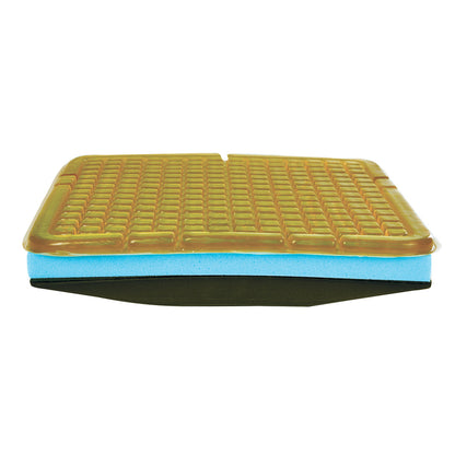 The AliMed Checkerboard T-Gel Plus Wheelchair Cushion with Solid Seat Insert, featuring a yellow gel top, blue foam layer, a.