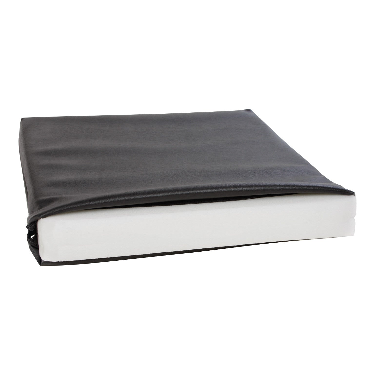 An AliMed Polyfoam Utility Wheelchair Cushion, featuring a white foam base and a partially covering black fabric cover.