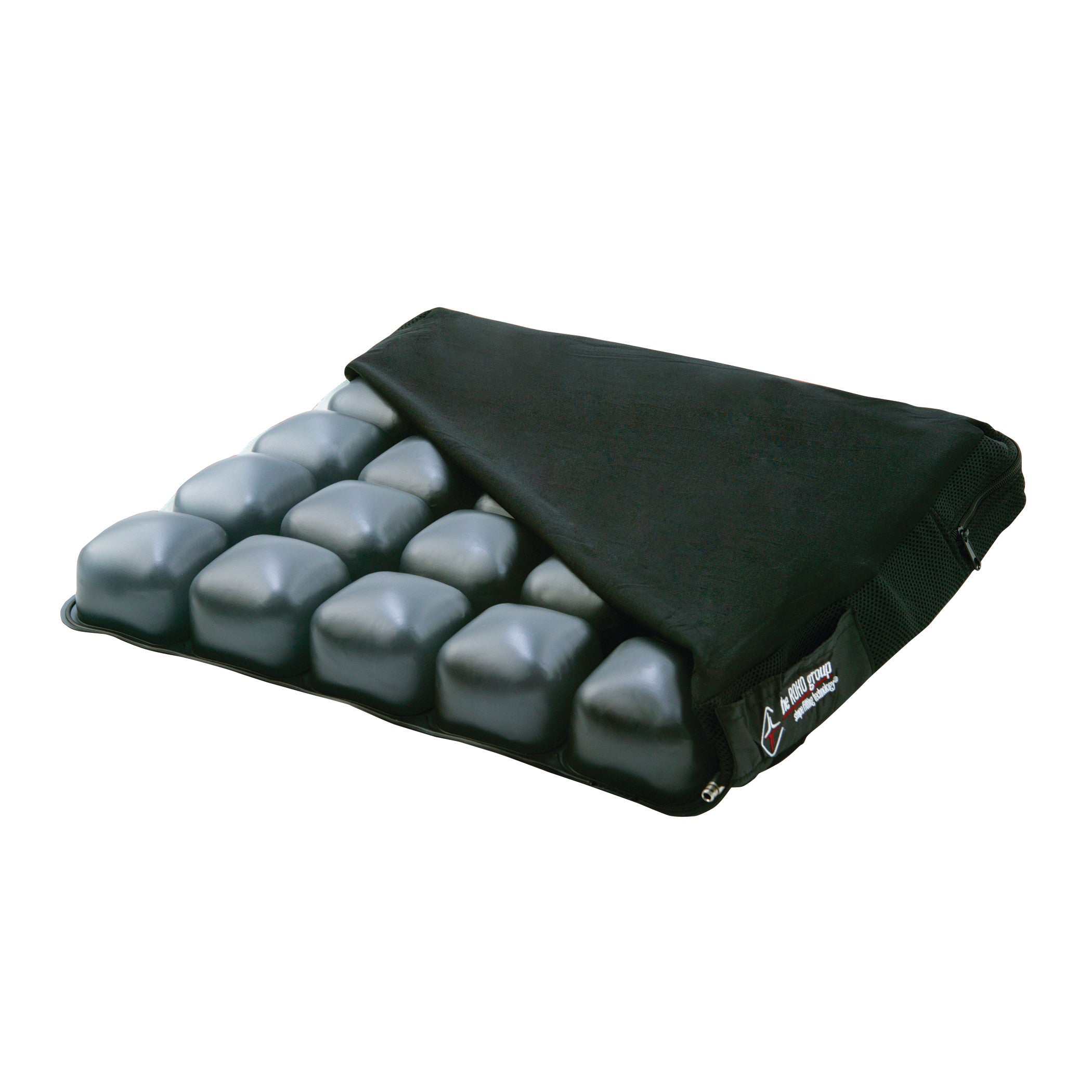 A black Replacement Cover for ROHO MOSAIC Wheelchair Cushion partially reveals gray air cells underneath.
