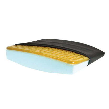 An AliMed Sit-Straight Wheelchair Cushion with T-Gel, featuring a blue foam base and a yellow gel layer under a black cover.