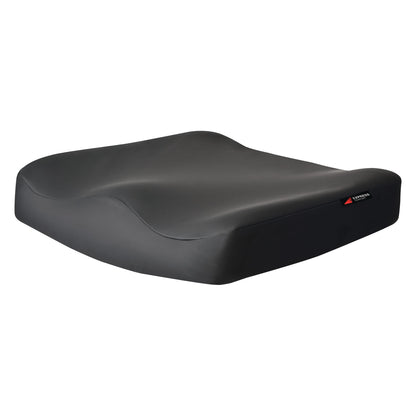 An Express Comfort Contoured Gel Wheelchair Cushion. It is black and has a molded, ergonomic shape for support.