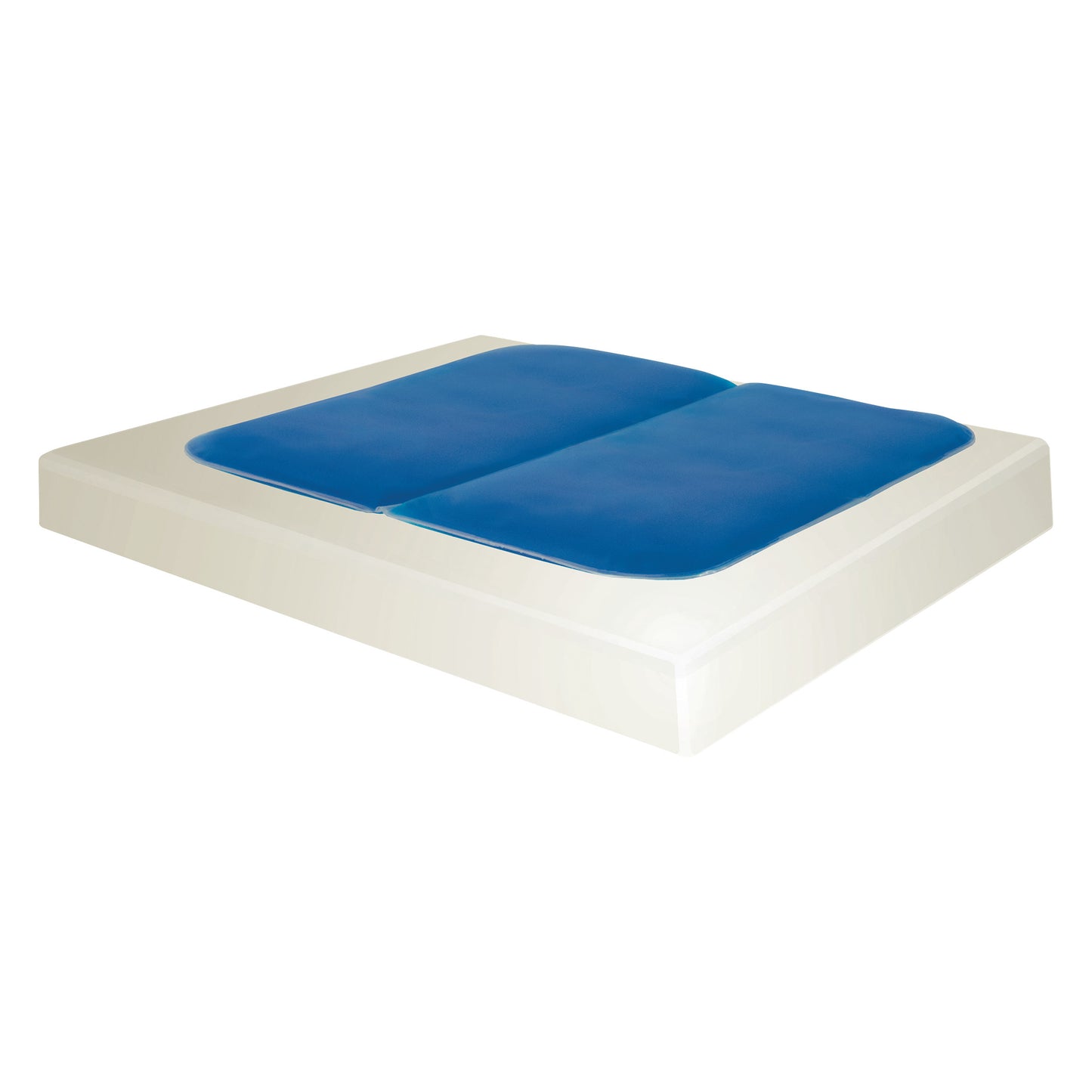 An Express Comfort Gel Wheelchair Cushion with a white base and two sleek blue gel pads on top.
