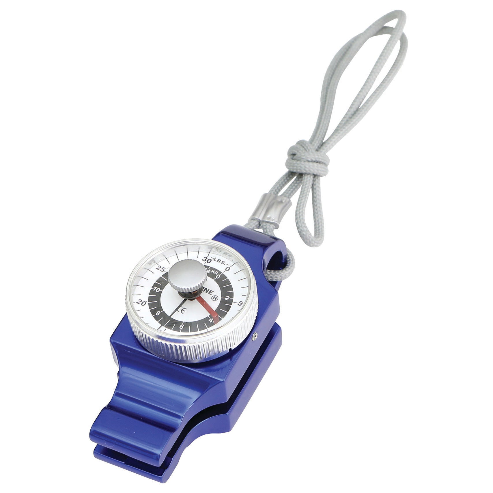 A Baseline Pinch Gauge with a blue body, measuring dial, and a gray wrist strap attached.