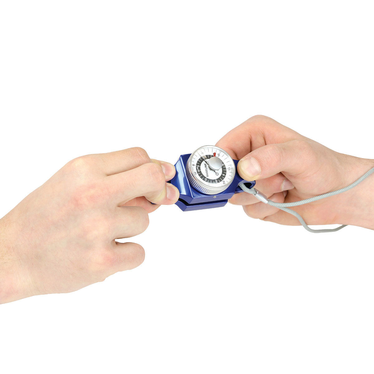 Two hands hold a blue Baseline Pinch Gauge with a dial and wire.